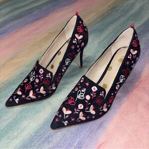 Boden Black Heels with Pink Floral Embroidery
